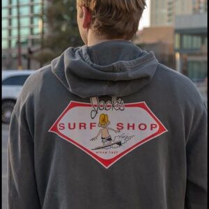 Jack’s Surf Shop Charcoal Hoodie Sweatshirt Surf Graphic Back Print Men’s SZ S